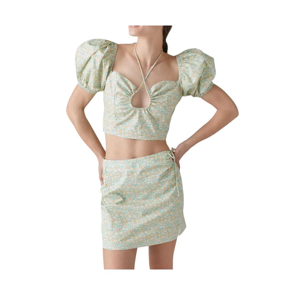 Another Girl Urban outfitters NWT Green Floral Cropped Puff Top & Mini Skirt Set